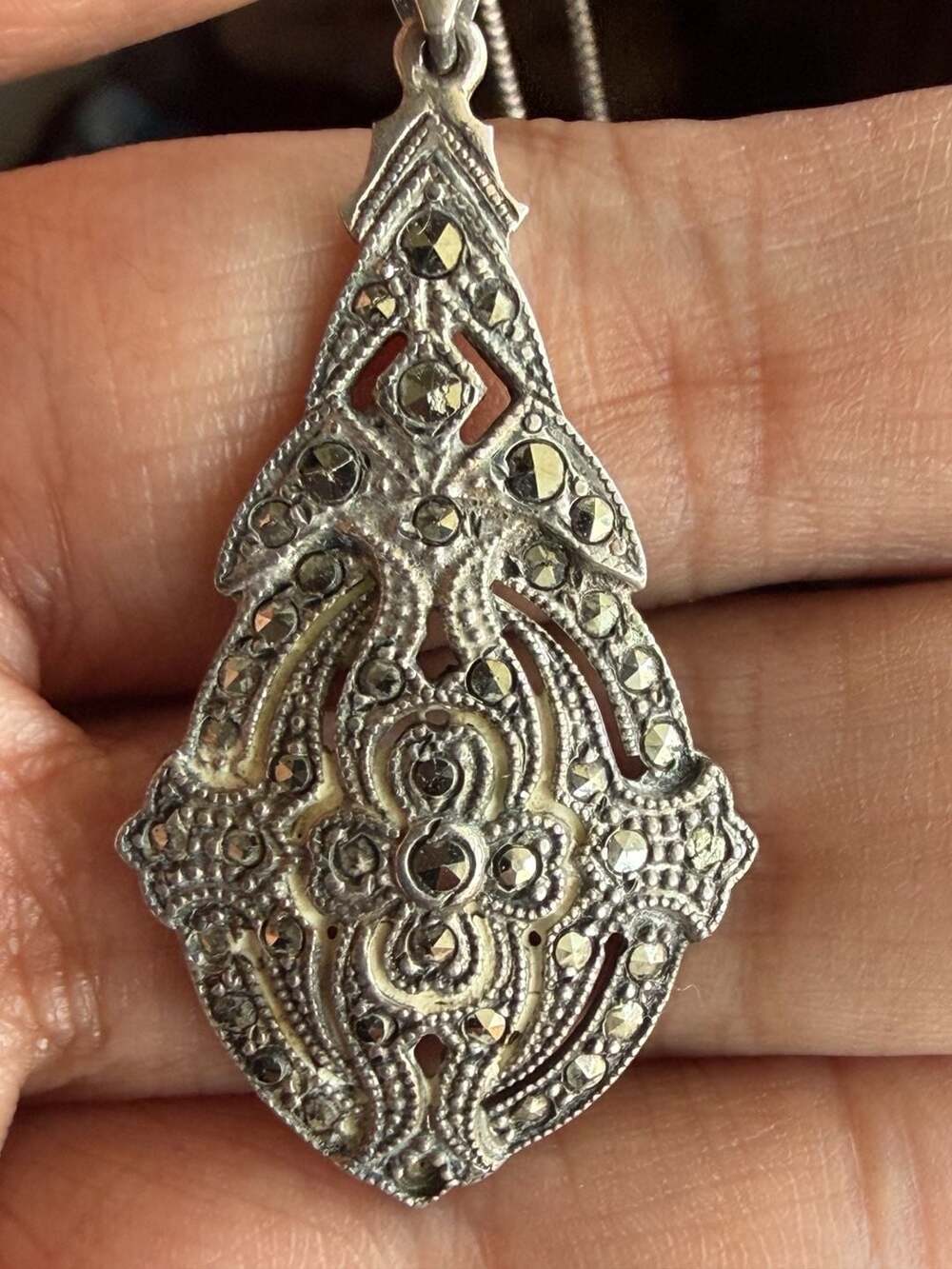 Large Art Deco Statement Necklace: sterling Silver Crystal Pendant, Chain - Aust
